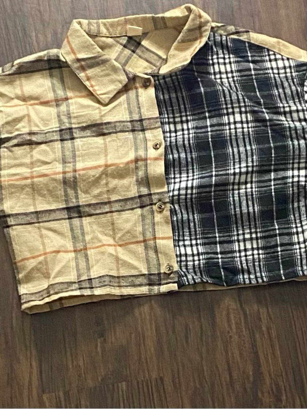 SHEIN Two-Tone Plaid Button-Down Shirt in Tan & Black
